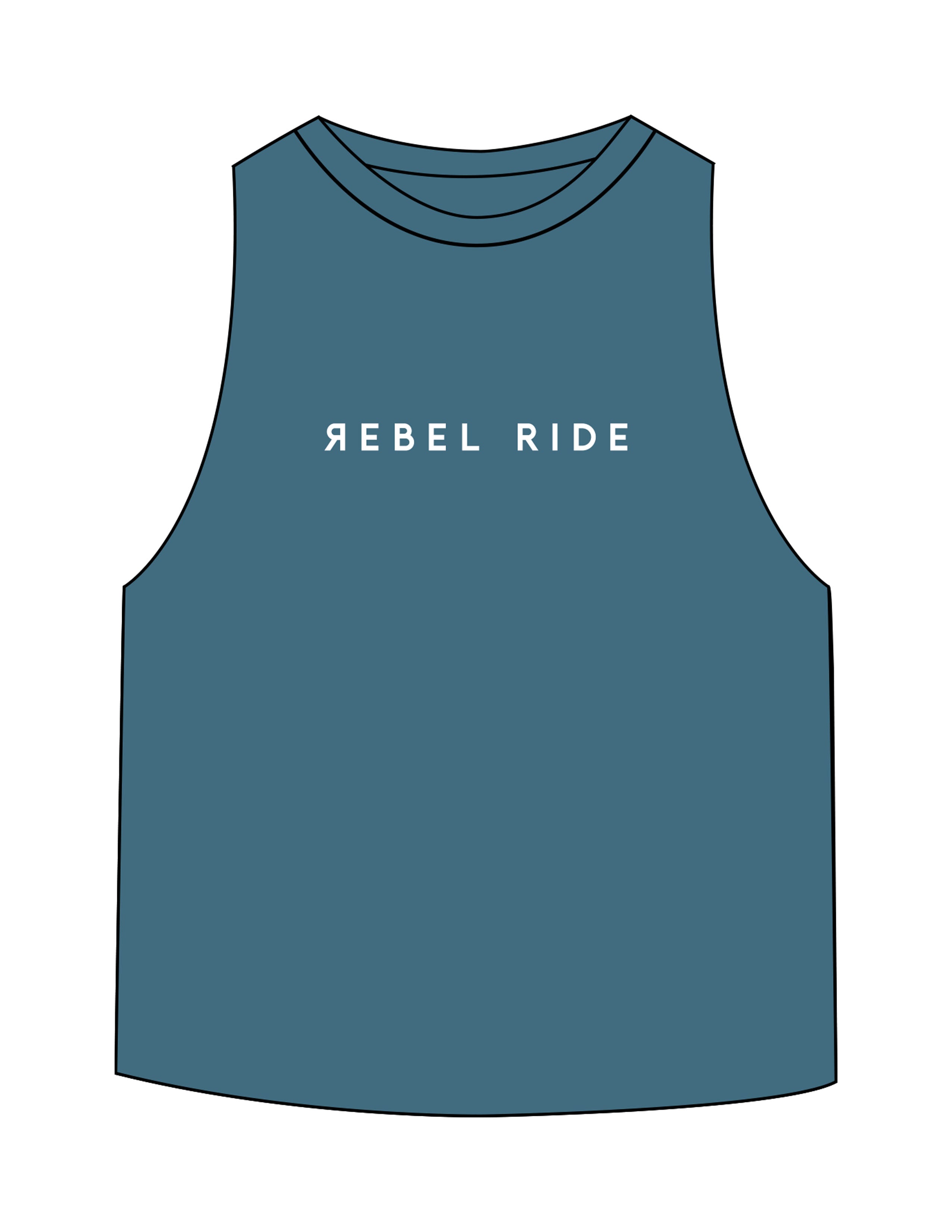 The Crop Muscle Racerback - Heather Deep Teal - Rebel Ride - Center Chest - Printed - White