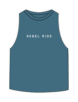 The Crop Muscle Racerback - Heather Deep Teal - Rebel Ride - Center Chest - Printed - White