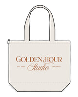The Zipper Tote Bag - Natural - Golden Hour Pilates - Front Stacked - Printed - Orange