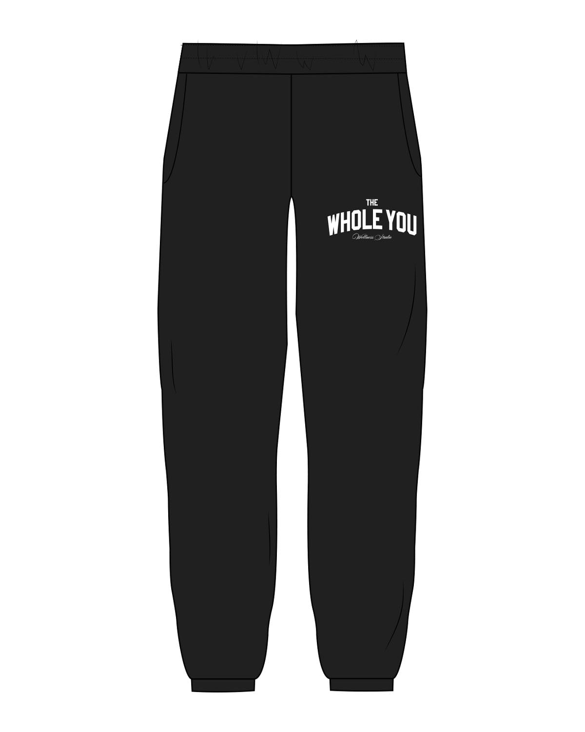 The Womens Sweatpants - Black - The Whole You Wellness - Left Leg Stacked - Printed - White