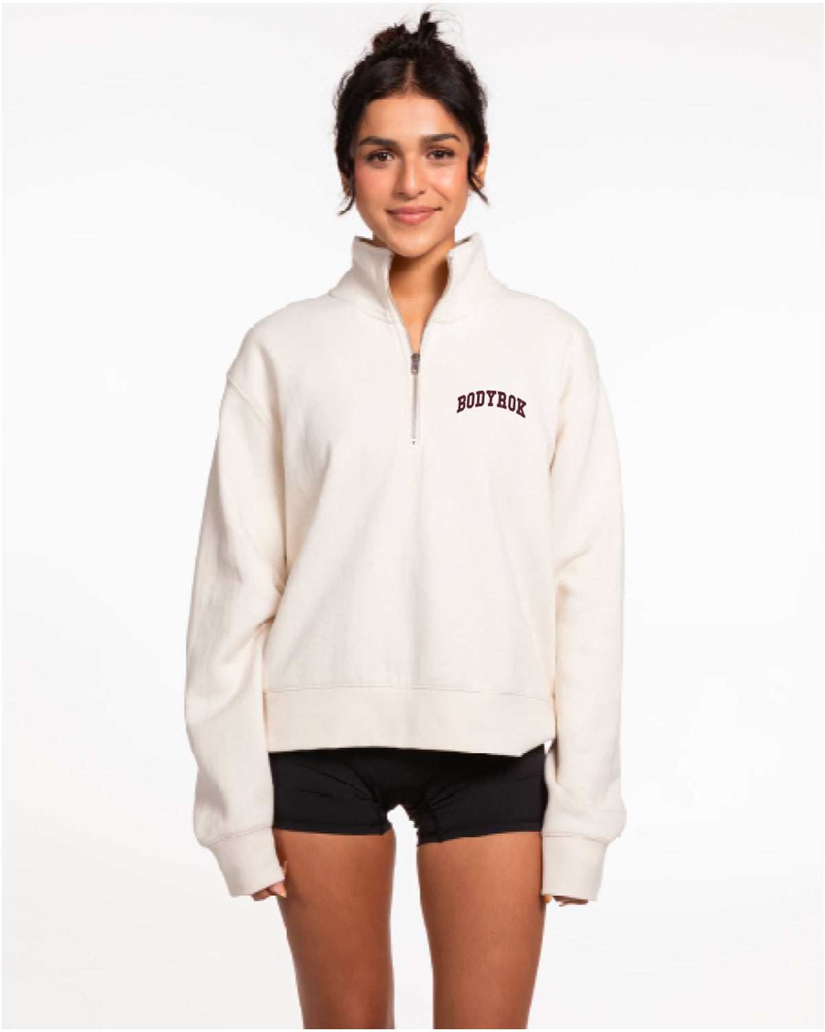 The Womens 1/4 Zip - Off White - BODYROK Employee - Left Chest - Bordeaux - (Windsor Wine - Pantone 19-1528 TCX)
