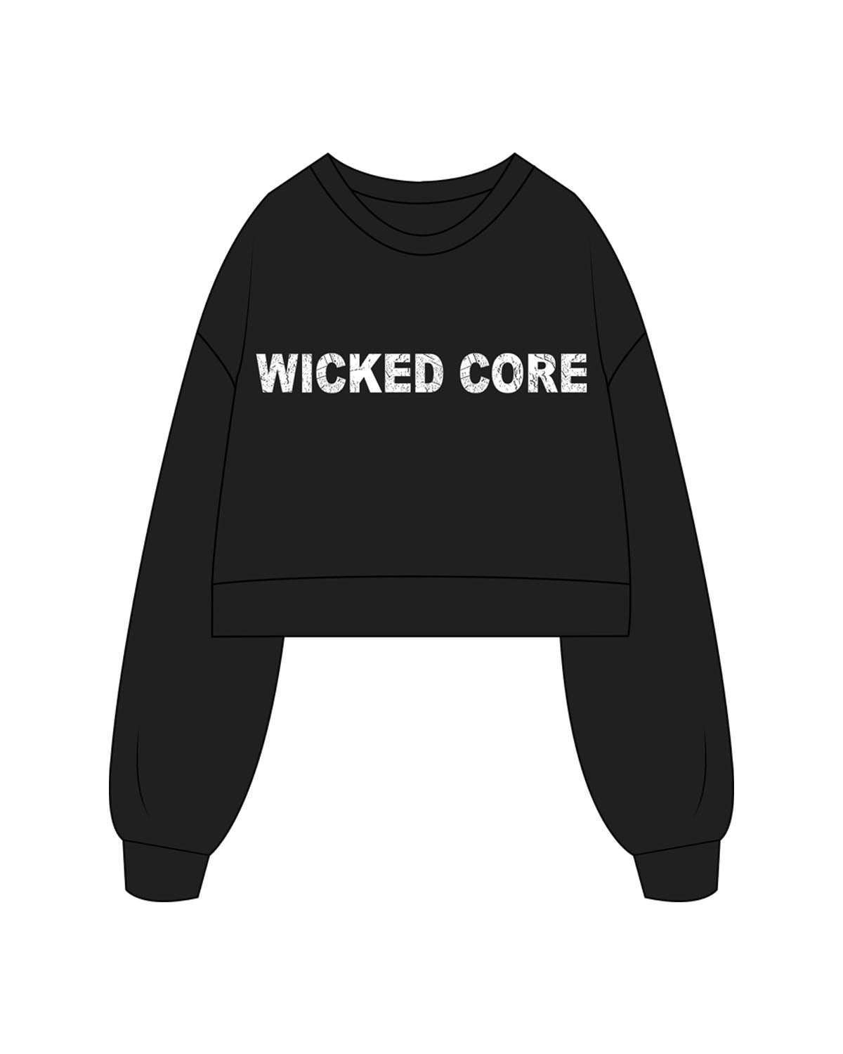 The Womens Crop Crewneck - Black - Wicked Core - Center Chest - Printed - White