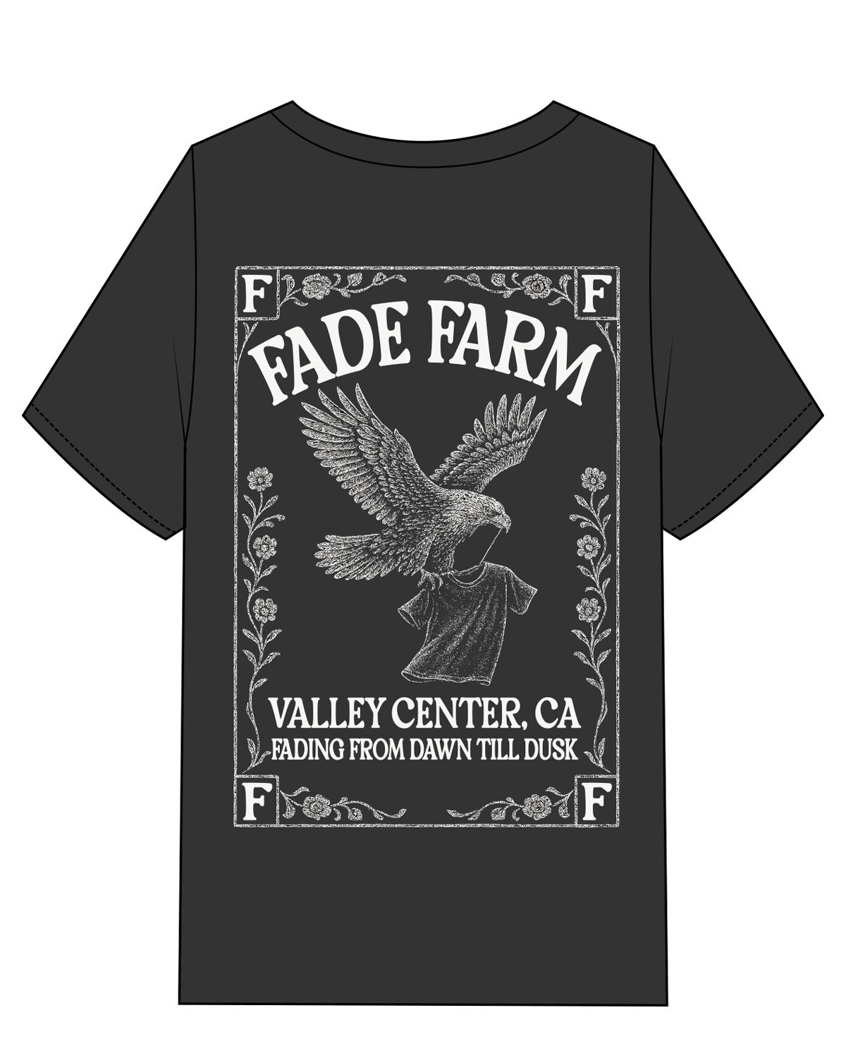 The Mens Heavyweight Tee - Washed Black - FadeFarm - Left Chest Stacked & Back Illustration - Printed - Full Color