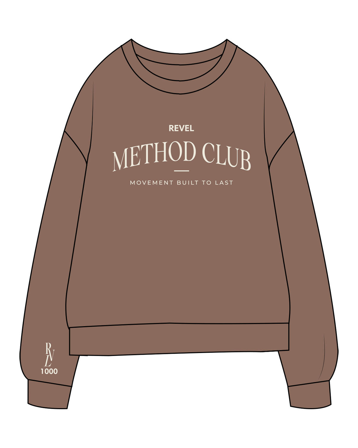 The Midweight Unisex Crewneck - Washed Clay - Revel Method - Center Chest Stacked - Right Bottom Sleeve - Printed - Off White