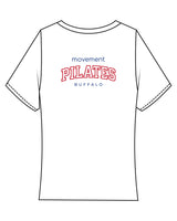The Baby Tee - White - Movement Pilates Buffalo - Back Center Stacked - Printed - Full Color