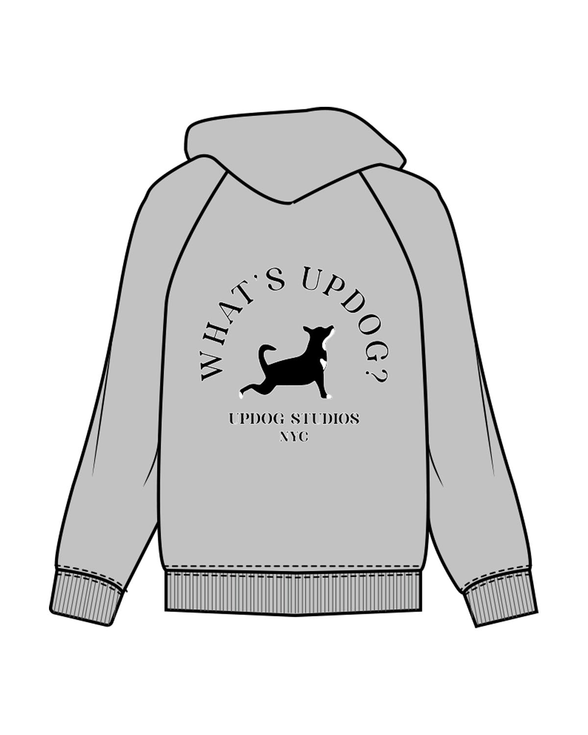 The Mens Hoodie - Heather - Updog Yoga - Left Chest - Back Center - "WhatsUpDog" - Printed - Full Color