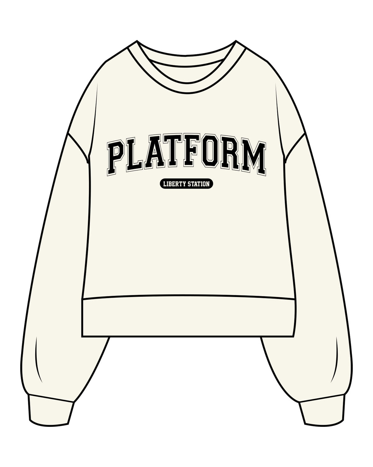The Womens Heavyweight Crop - Off White - Platform - Center Chest "Liberty Station" - Printed - Black
