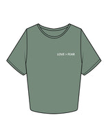 The Crop Tee - Sage - Love > Fear - Left Chest & Back Center Stacked - White