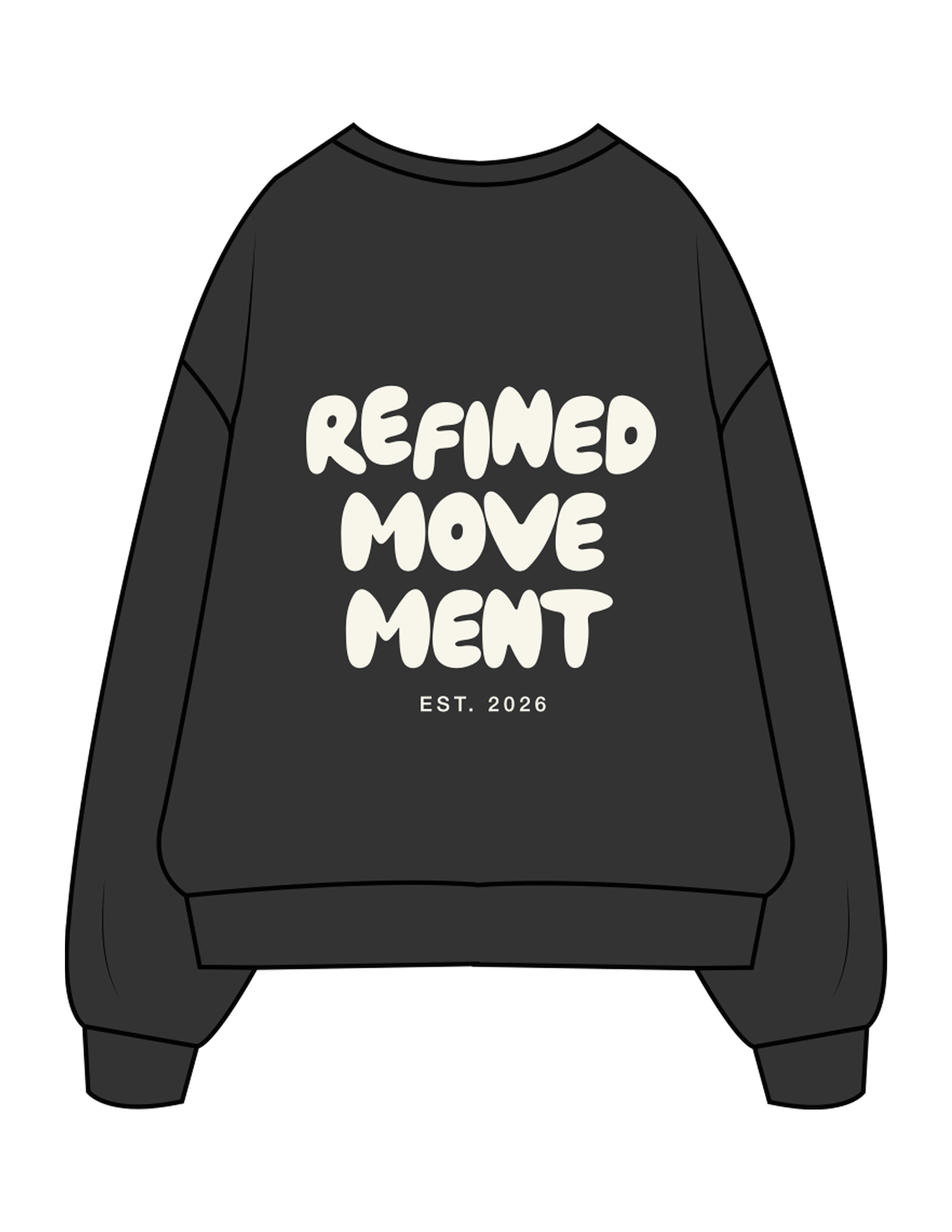 The Mens Crewneck - Washed Black - Refined Movement - Center Chest & Back Stacked - Printed - Off White