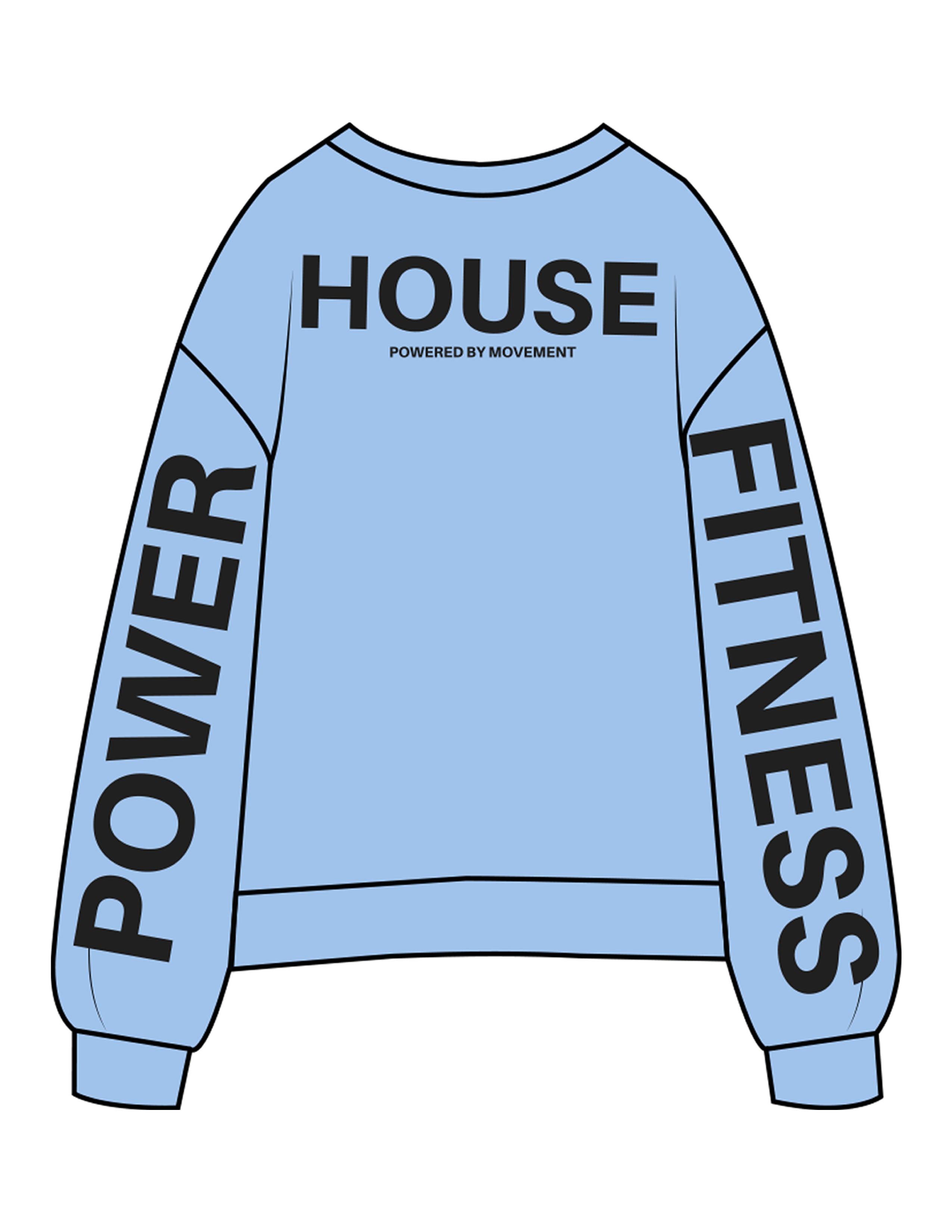 The Midweight Unisex Crewneck - Washed Light Blue - Powerhouse Fitness - Upper Back - Back Left & Right Sleeves - Printed - Black