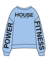 The Midweight Unisex Crewneck - Washed Light Blue - Powerhouse Fitness - Upper Back - Back Left & Right Sleeves - Printed - Black