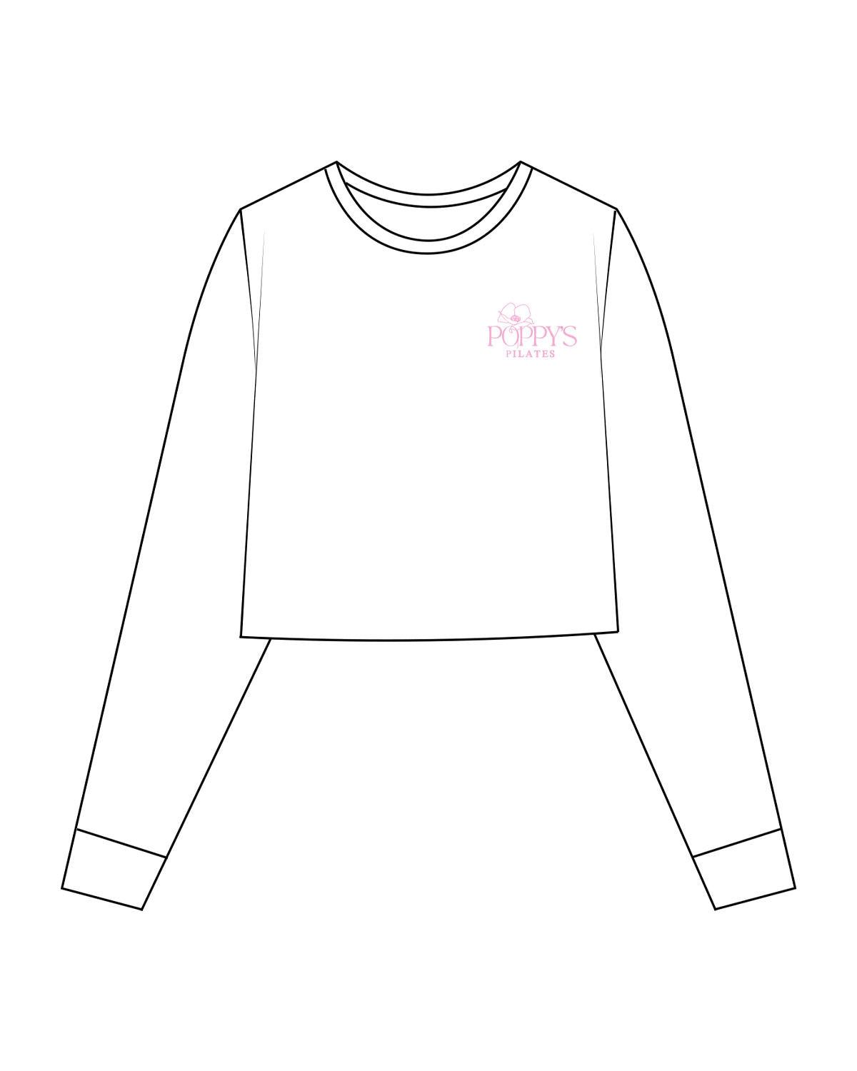 The Crop Long Sleeve - White - Poppys Pilates - Left Chest Stacked Logo - Printed - Pink