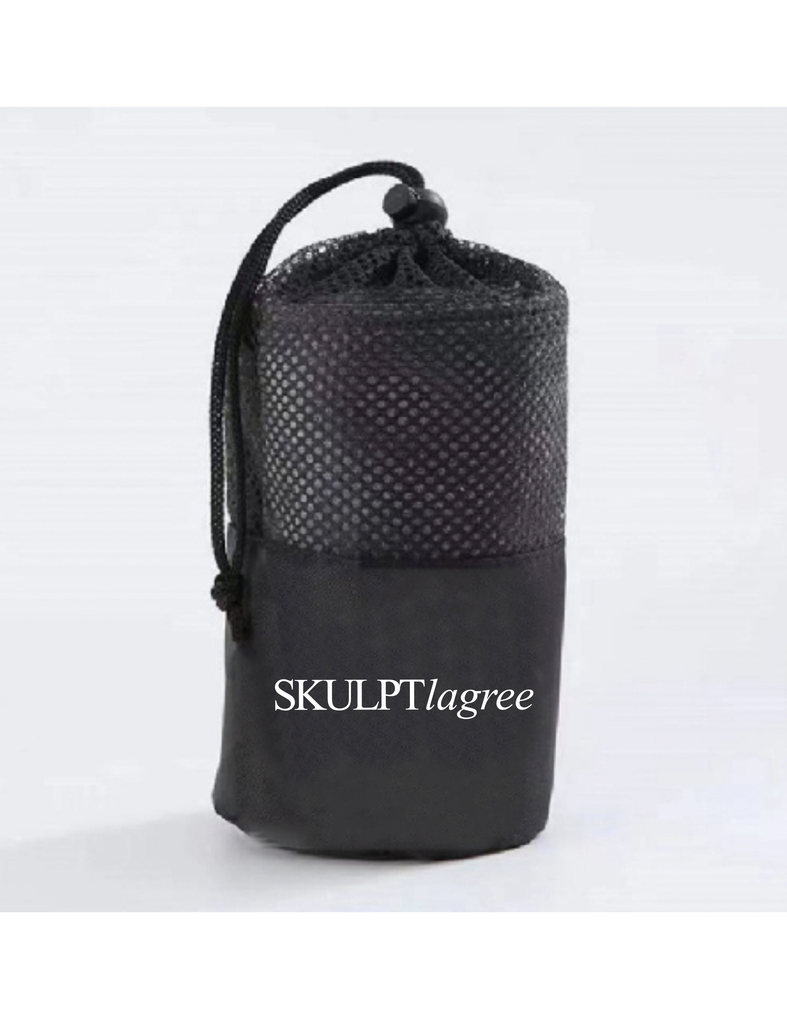The Gym Towel - Black - Skulpt Lagree - Front Bottom - Embroidered - White - The Gym Towel Bag - Black - Center Body - Printed - White