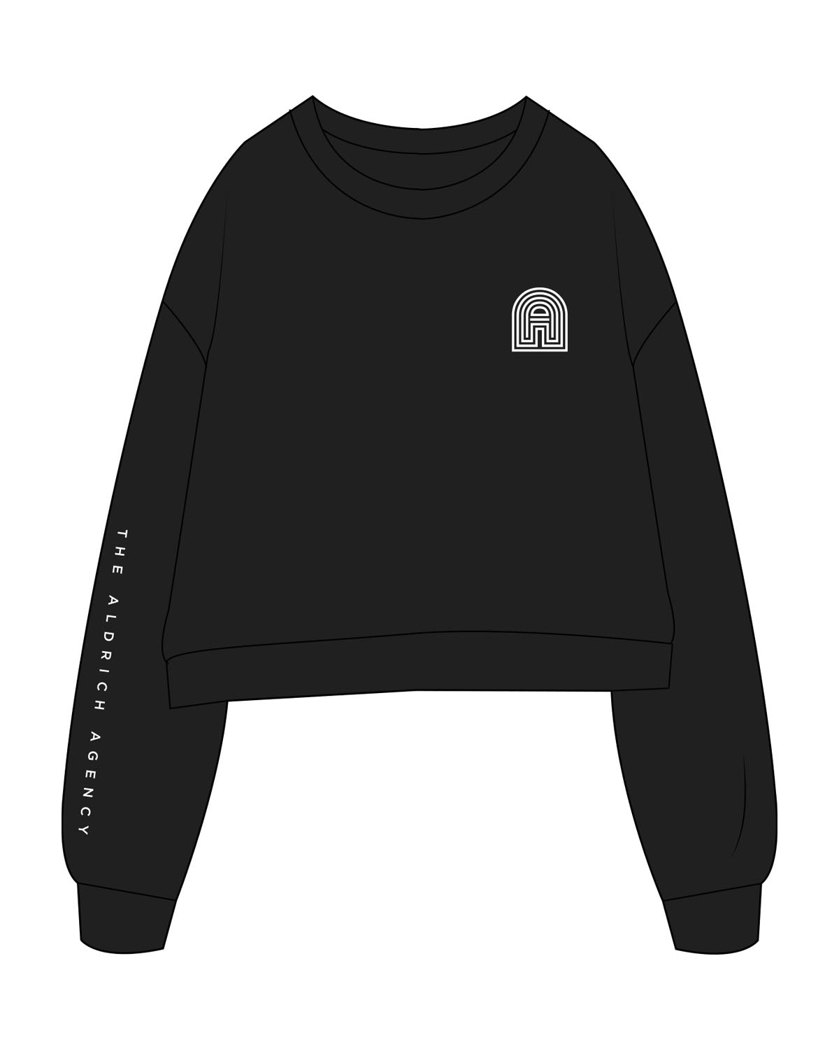 The Studio Crop - Black - Aldrich Agency - Left Chest & Right Sleeve - Printed - White