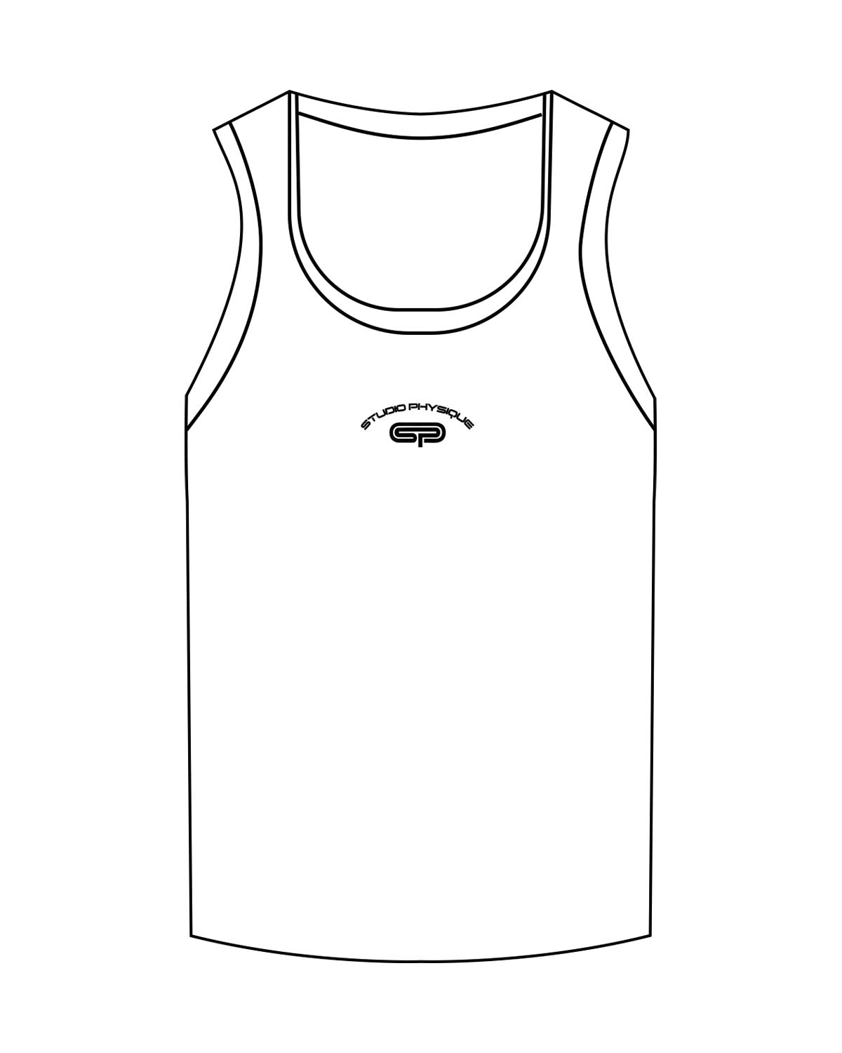 The Micro Rib Full Length Tank - White - Studio Physique - Center Chest Arc Stacked - Printed - Black