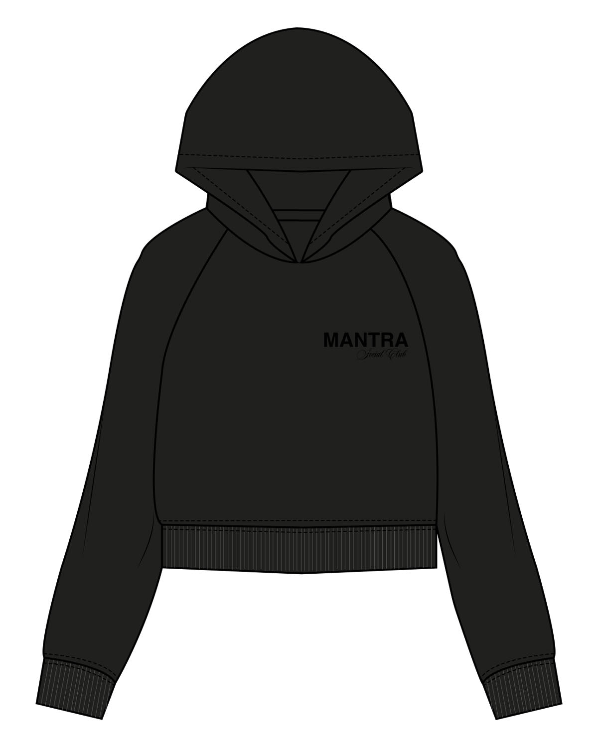 The Womens Crop Hoodie - Black - Mantra - Left Chest Stacked - Printed - Tone on Tone
