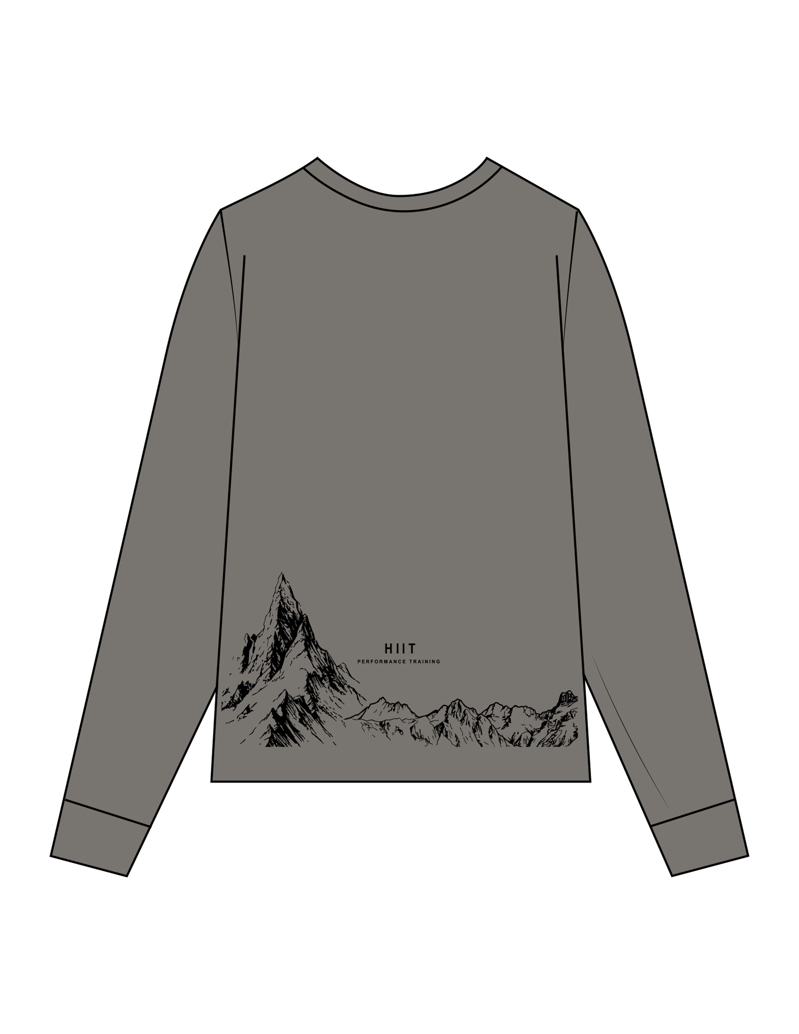 The Womens Heavyweight Long Sleeve - Washed Gray - HIIT Performance - Left Chest Stacked & Back Image - Printed - Black