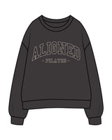 The Womens Crewneck - Washed Black - Aligned Pilates - Center Chest Arch & Back Center Neckline - Printed - Off White