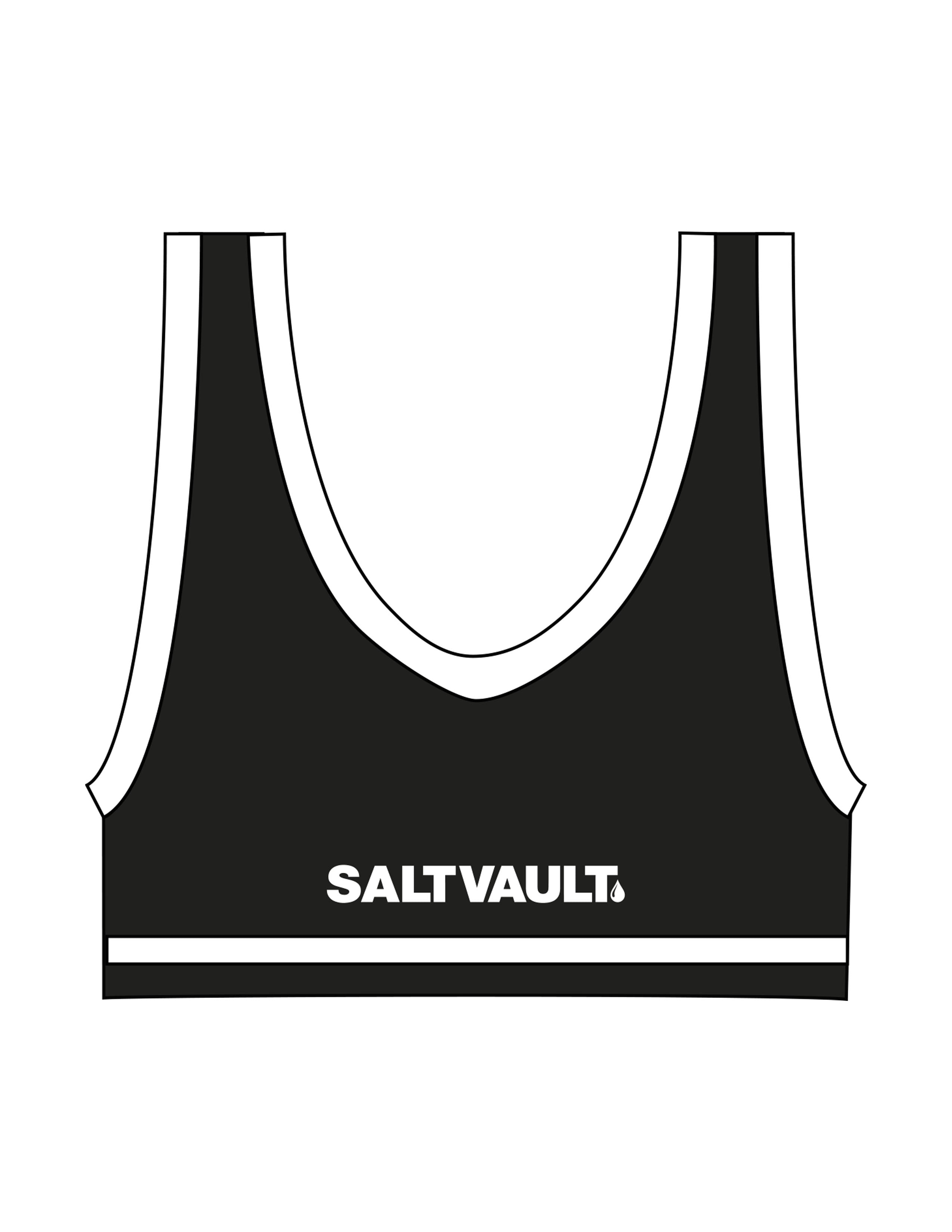 The Piped Bra - Black - Saltvault - Left Chest & Center Back - Printed - White