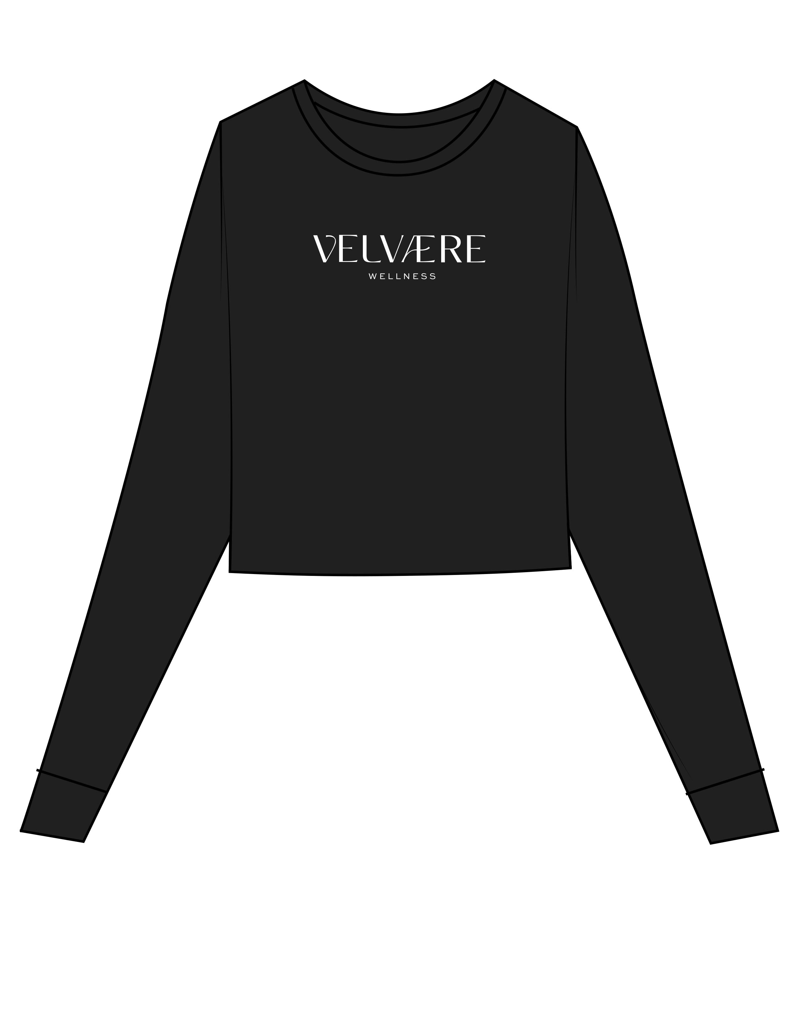 The Micro Rib Crop Long Sleeve - Black - Velvaere - Center Chest Stacked - Printed - White