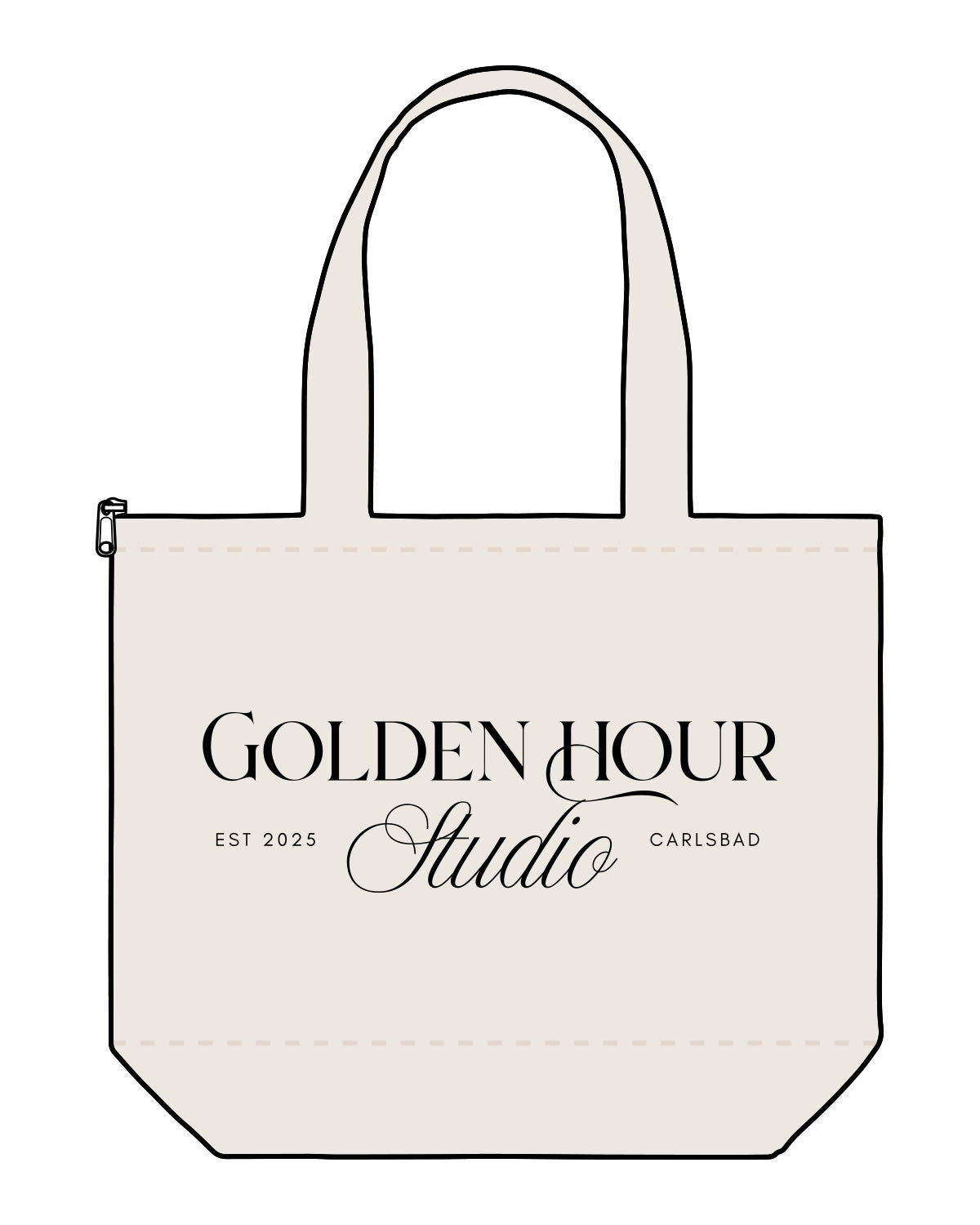 The Zipper Tote Bag - Natural - Golden Hour Pilates - Front Stacked - Printed - Black
