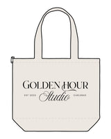 The Zipper Tote Bag - Natural - Golden Hour Pilates - Front Stacked - Printed - Black
