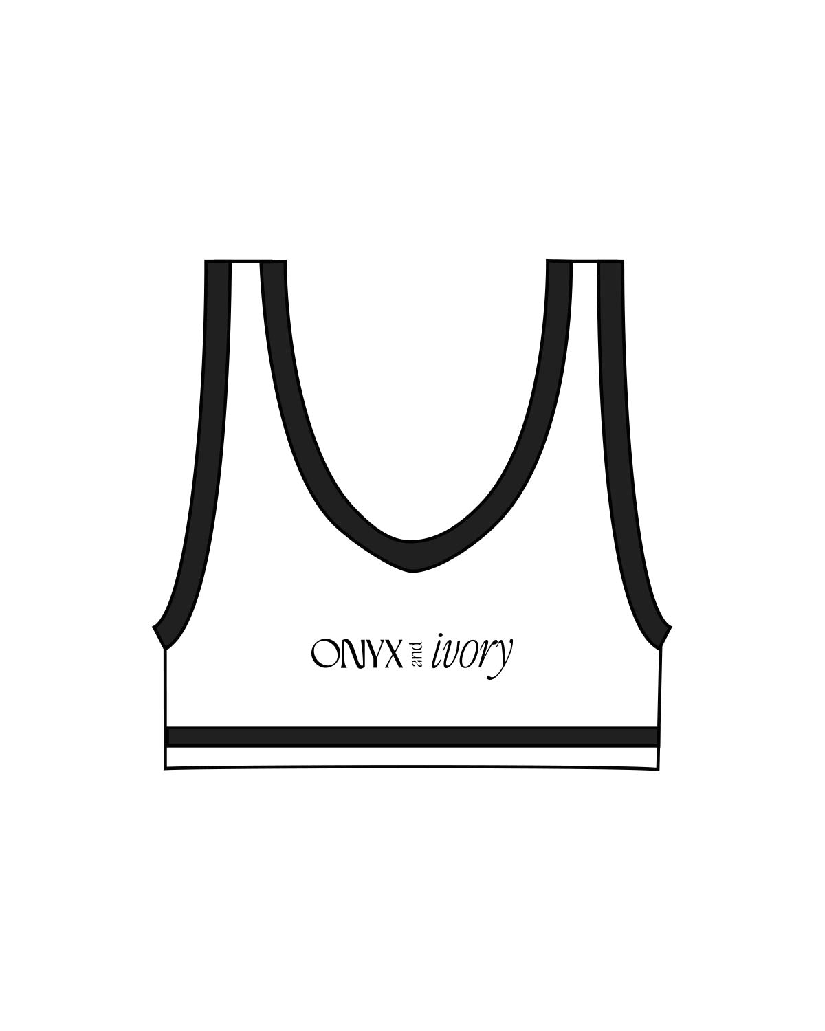 The Piped Bra - White - Onyx & Ivory - Center Back - Printed - Black
