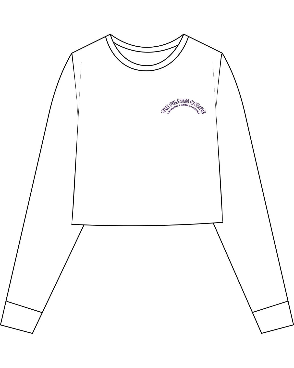 The Crop Long Sleeve - White - Pilates Baddie - Left Chest Arc & Back Round - Printed - Purple