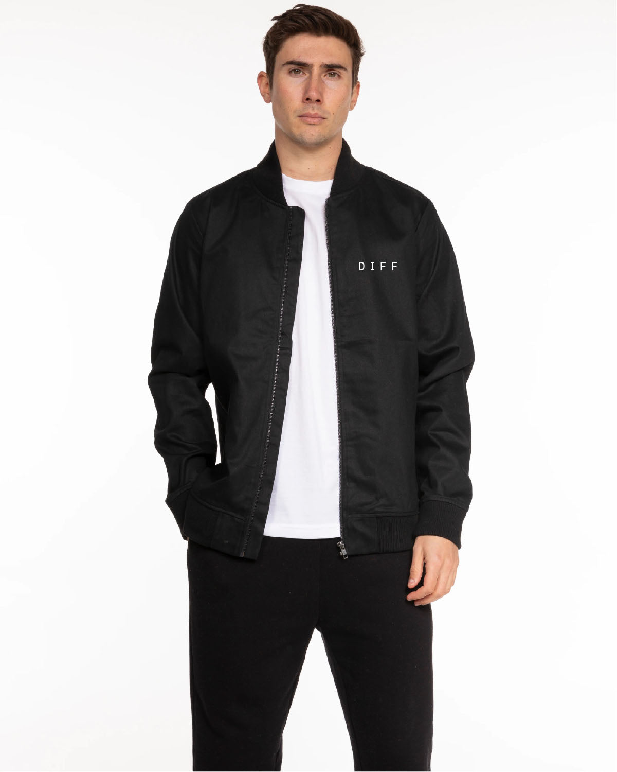 The Mens Bomber Jacket - Black   - DiffEyewear - Left Chest DIFF - Printed - White