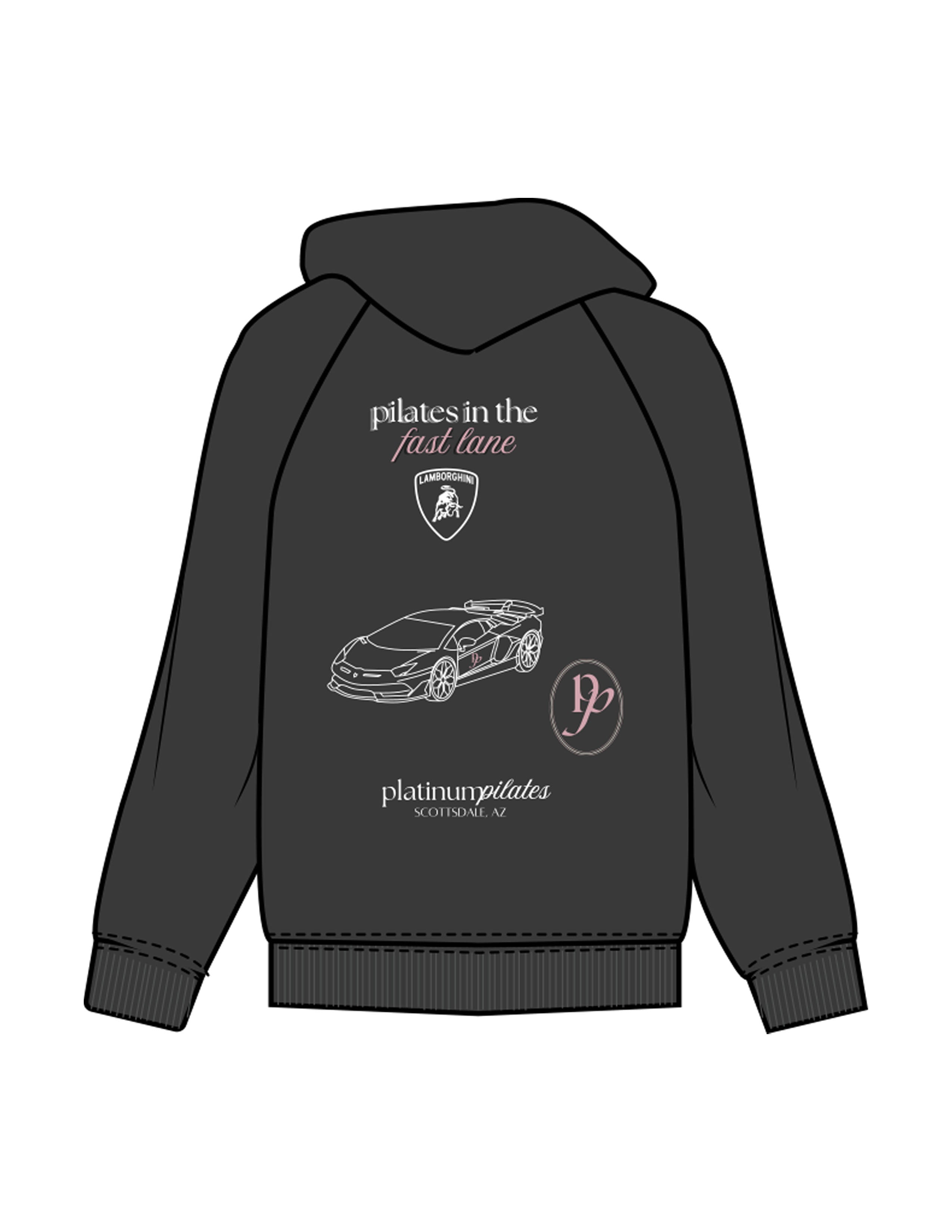The Womens Hoodie - Washed Black - Platinum Pilates  - Left Chest Stacked & Full Back - Printed - Full Color