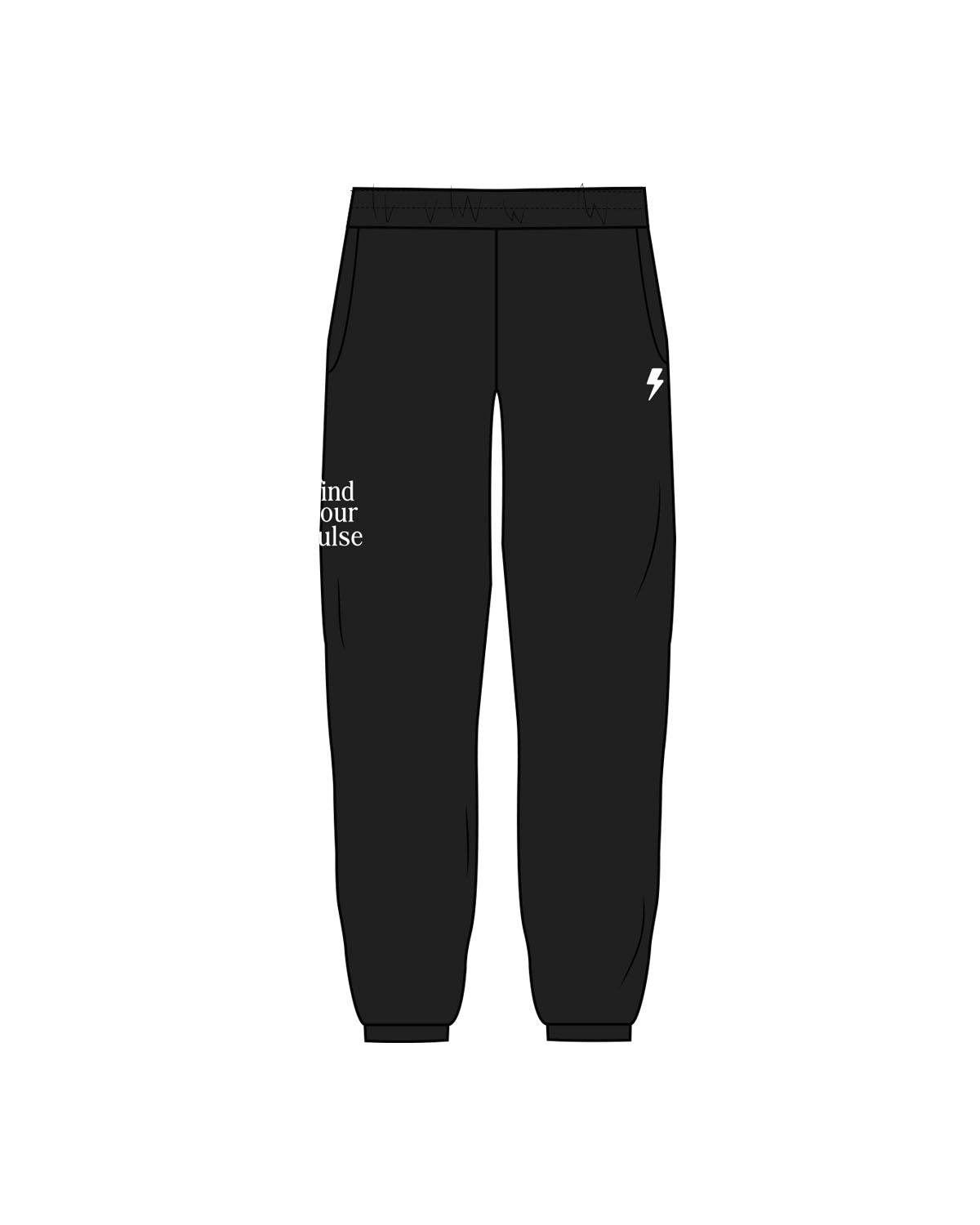 The Womens Sweatpants - Black - Pulse Lagree Fitness - Left & Right Leg - Printed - White