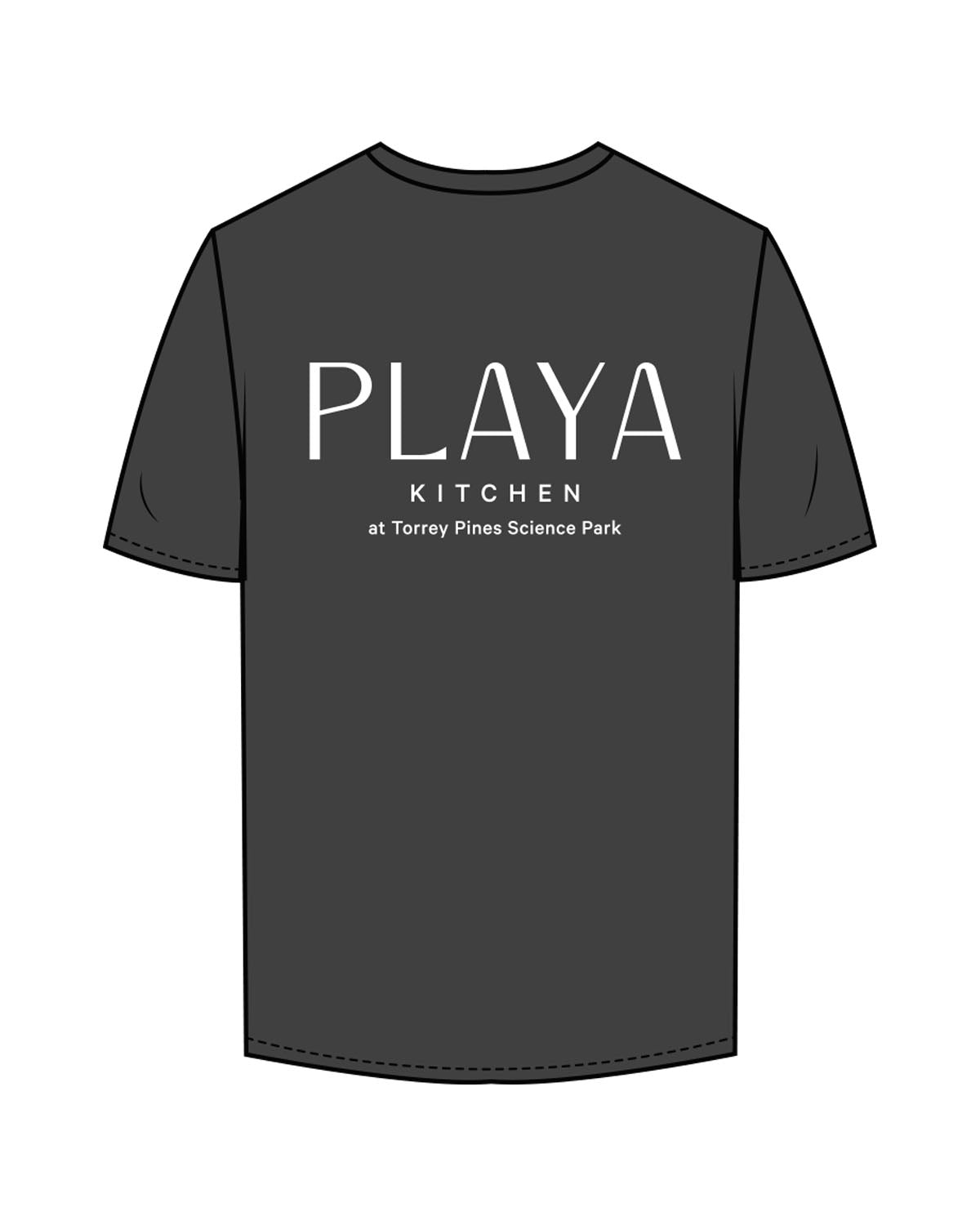 The Mens Tee - Charcoal - Playa Kitchen - Left Chest Stacked & Center Back Stacked - Printed - White