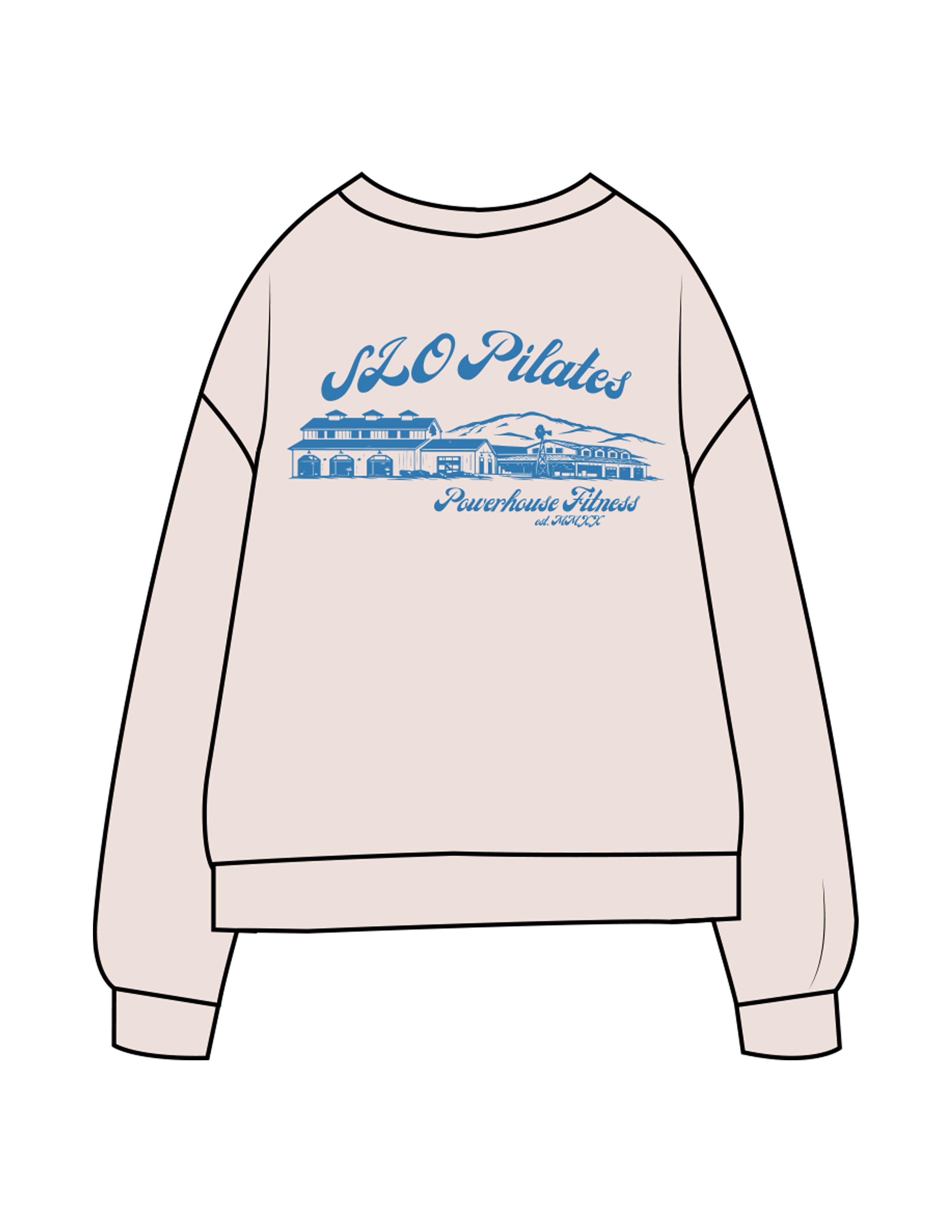 The Midweight Unisex Crewneck - Washed Ivory - Powerhouse Fitness - Left Chest Embroidered - Tone on Tone - Back Stacked "PILATES" Printed - Blue