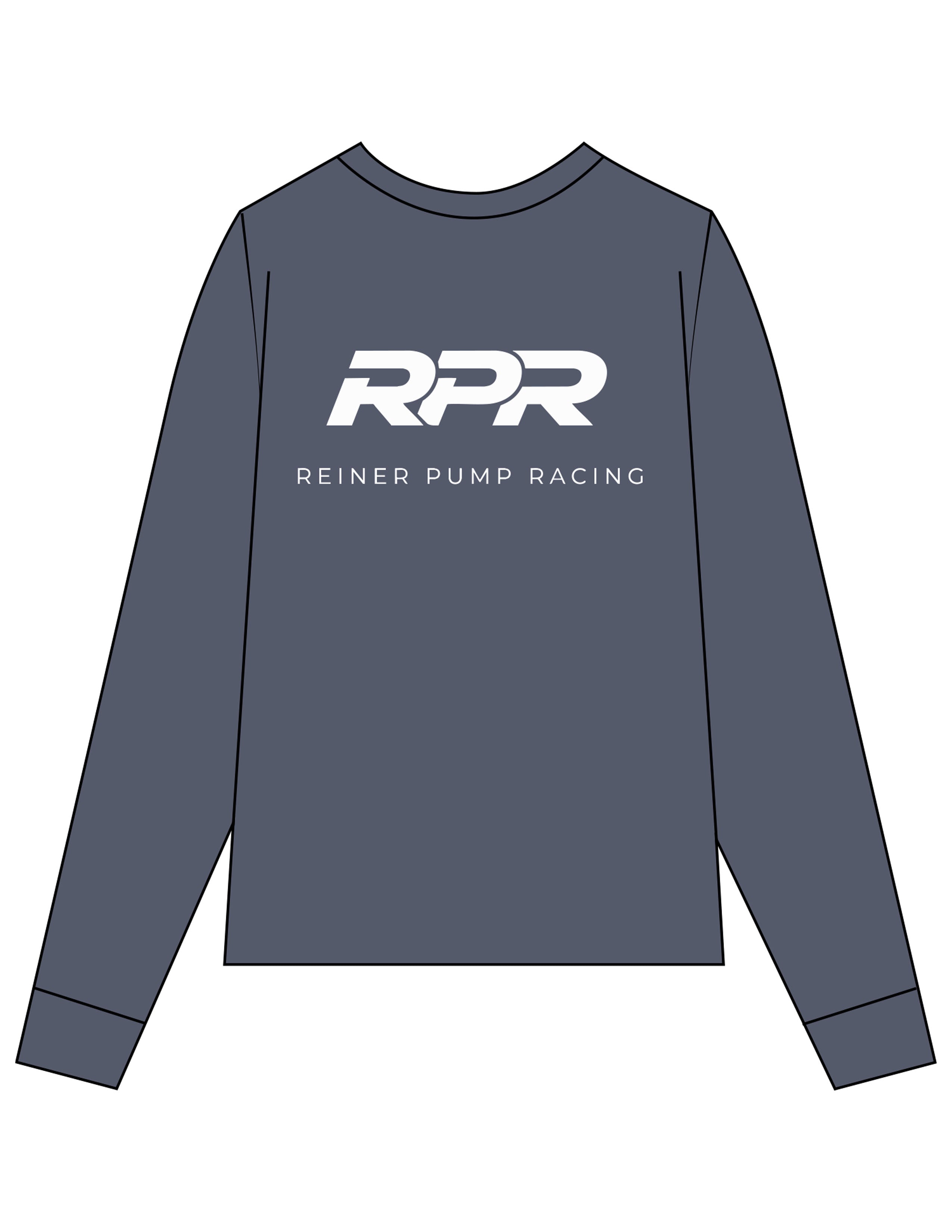 The Mens Long Sleeve - Petrol - Reiner Pump Systems - Left Chest & Back Stacked - Printed - White