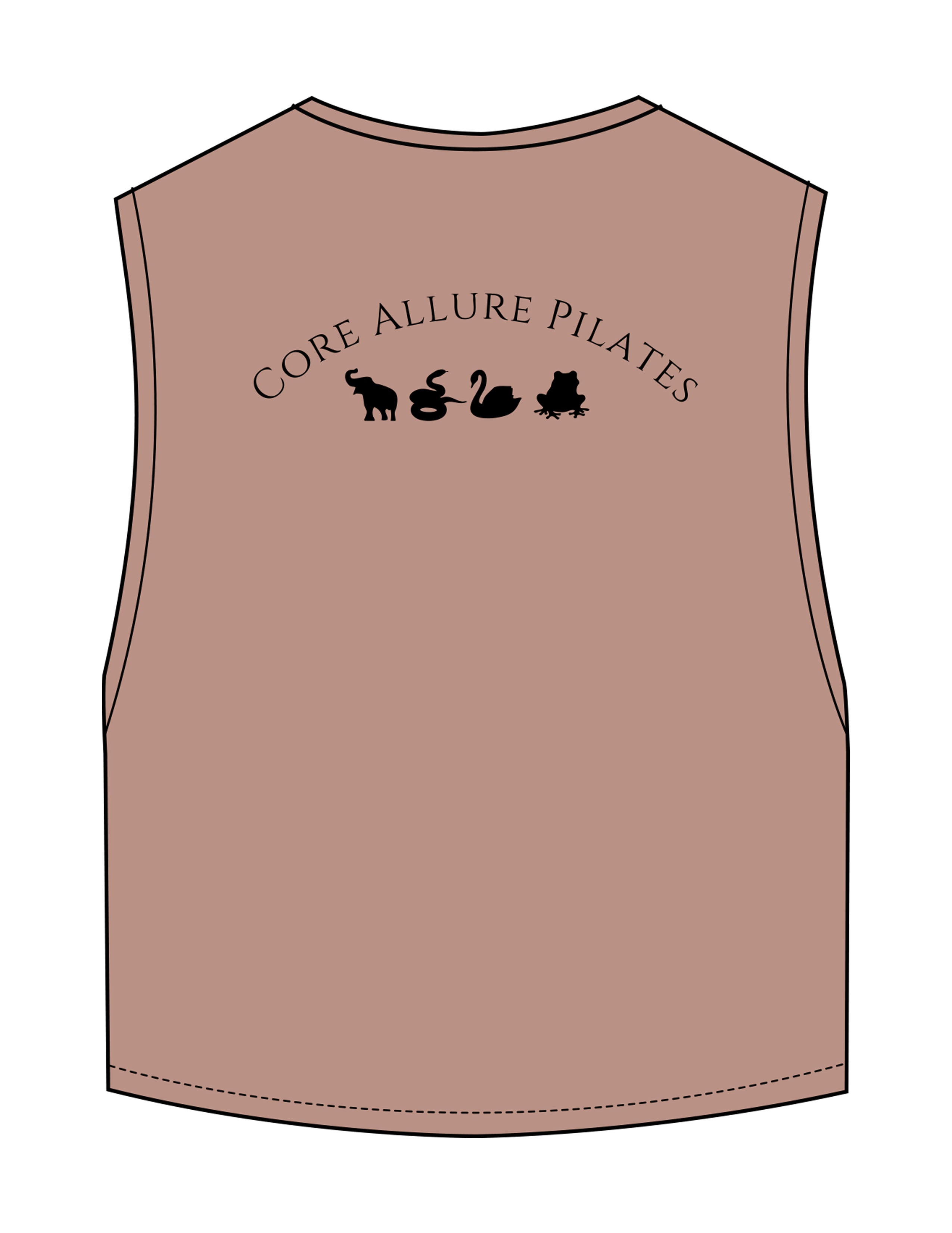The Crop Muscle Tank - Clay - Core Allure Pilates - Left Chest Arc Stacked & Back Arc Stacked - Printed - Black
