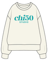 The Womens Heavyweight Crewneck - Off White - Chi50 - Center Chest Stacked - Printed - Teal