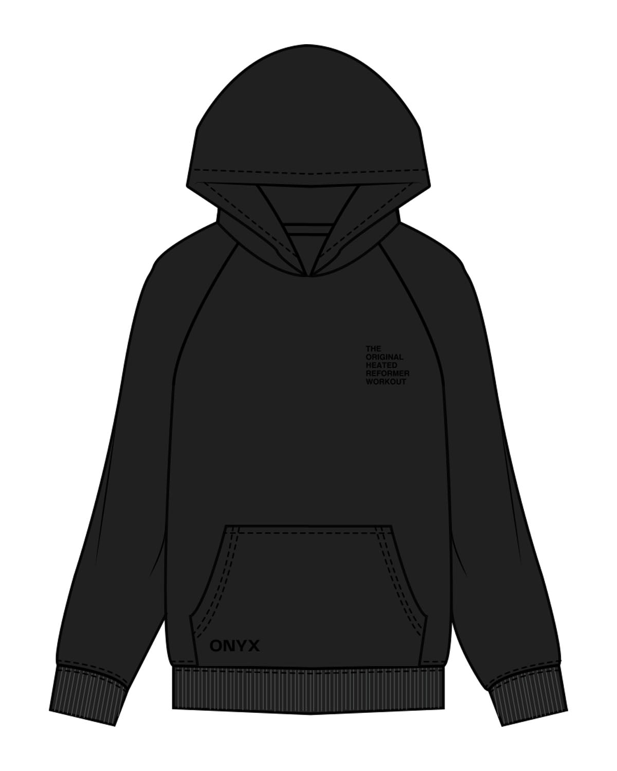 The Womens Hoodie - Black - Onyx Fit - Left Chest Stacked & Front Pocket - Back Stacked - Printed - Tone on Tone