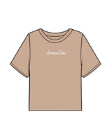 The Boxy Crop Tee - Sand - Squeeze Massage - Center Chest & Back Neckline Stacked - Printed - White