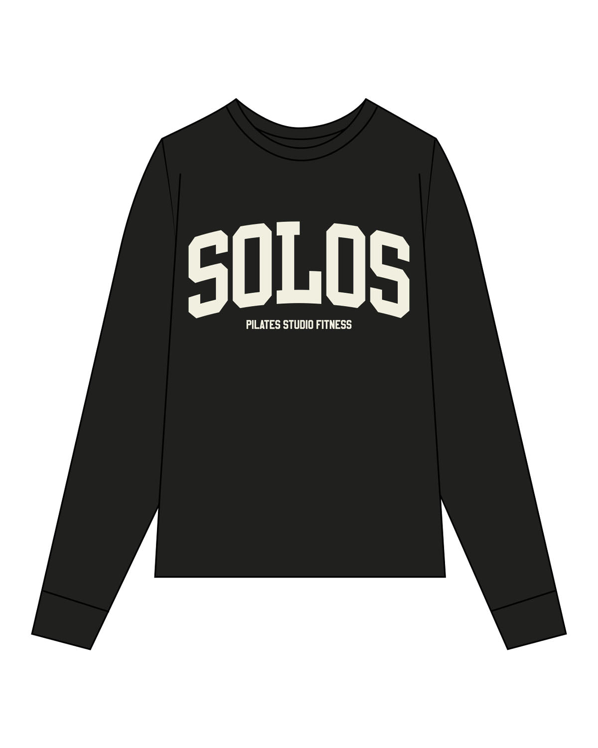 The Womens Long Sleeve - Black - Solos Pilates - Center Chest Stacked - Printed - Cream