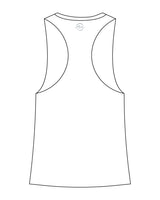 The Womens Racerback Tank - White - Coastal Movement - Center Chest - Back Neckline - Navy Blue Printed