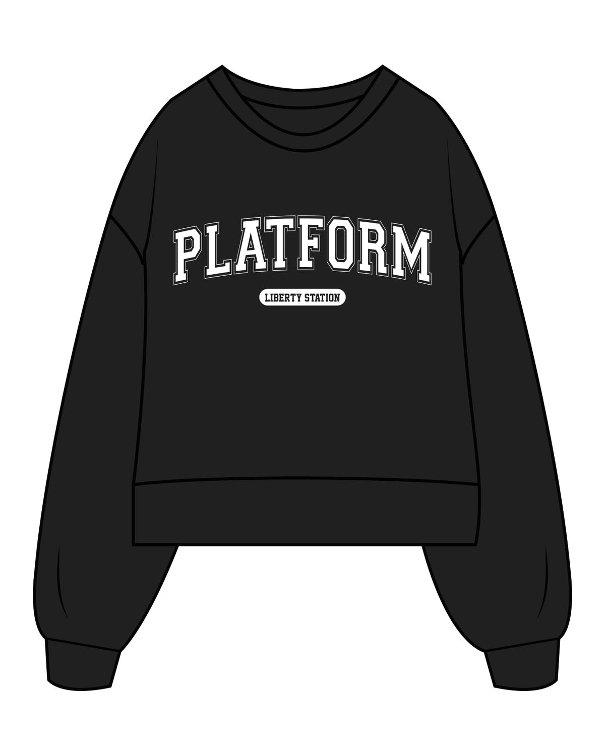 The Womens Heavyweight Crop - Black - Platform - Center Chest "Liberty Station" - Printed - White