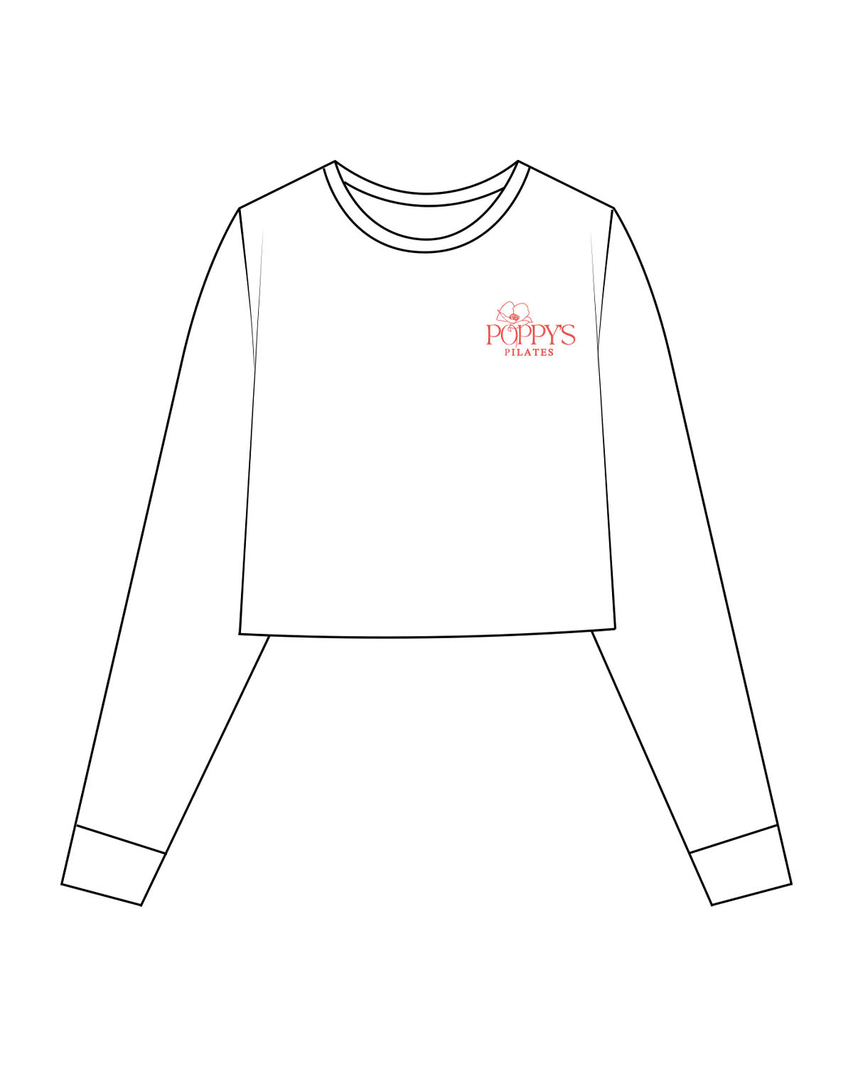 The Crop Long Sleeve - White - Poppys Pilates - Left Chest Stacked Logo - Printed - Red