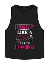 The Crop Muscle Racerback - Black - Delta Fitness - Chest Stacked "I LIFT" & Back Icon - Printed - Full Color