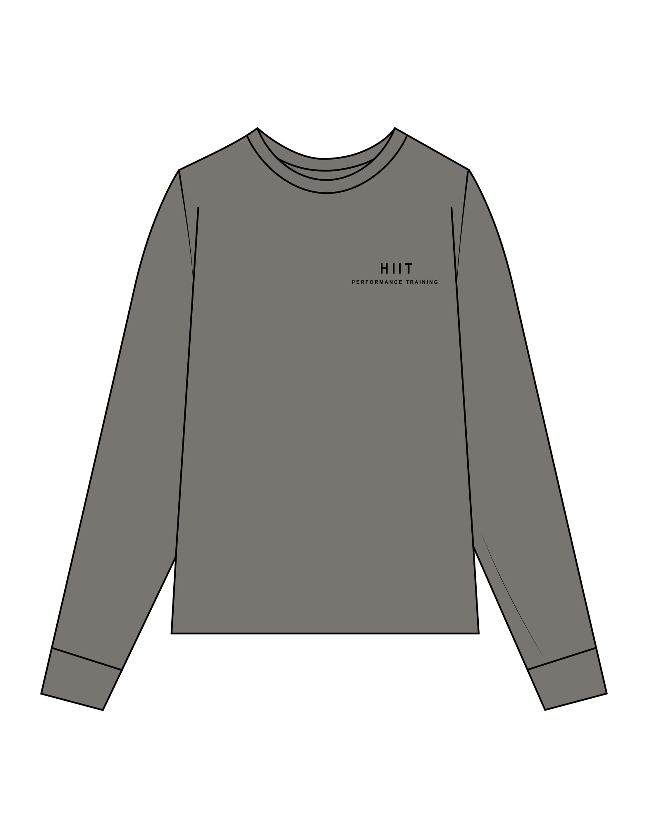 The Womens Heavyweight Long Sleeve - Washed Gray - HIIT Performance - Left Chest Stacked & Back Image - Printed - Black