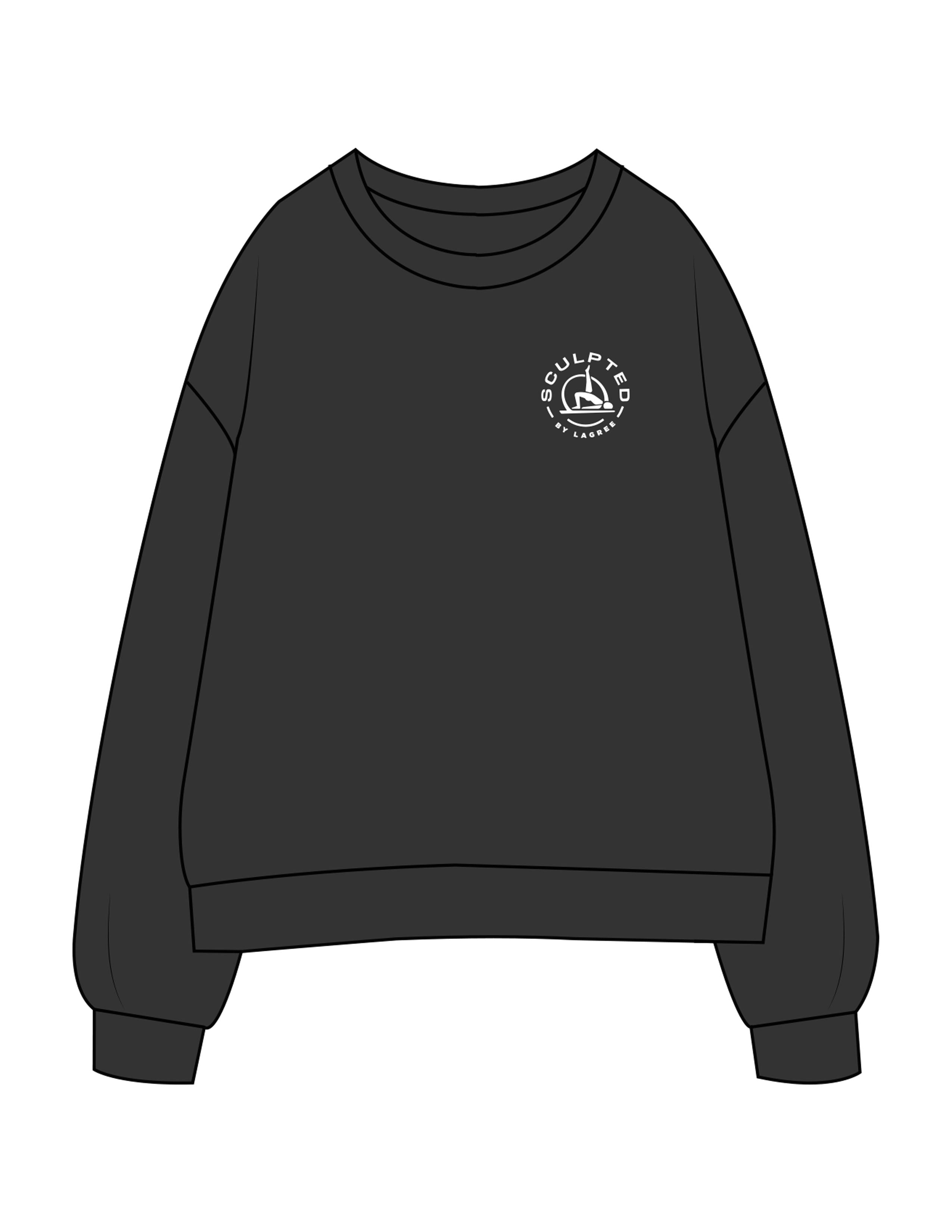 The Womens Crewneck - Washed Black - Sculpted By Lagree - Left Chest Round Icon - Printed - White
