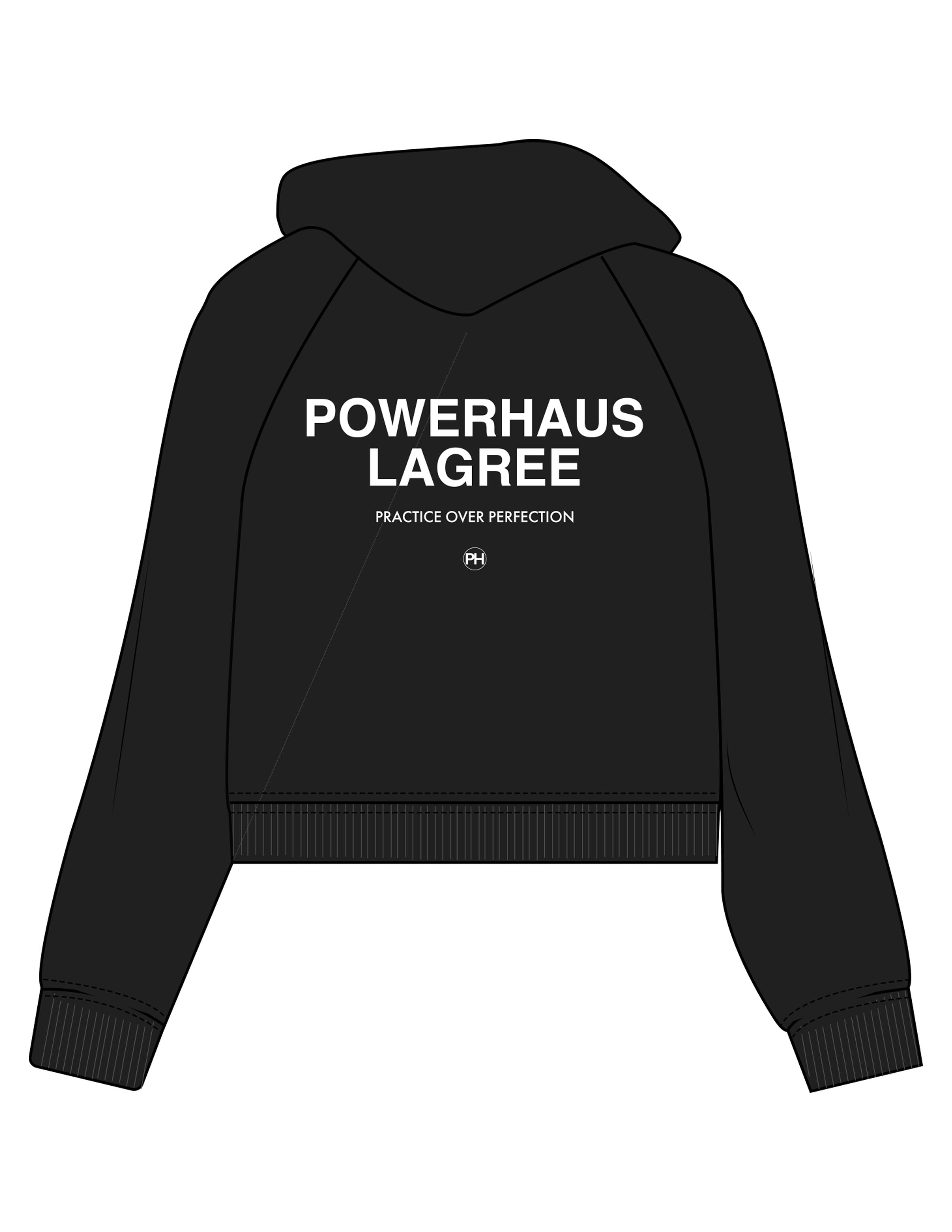 The Womens Lightweight Cropped Hoodie - Black - Powerhaus Lagree - Center Chest & Back Stacked - Printed - White