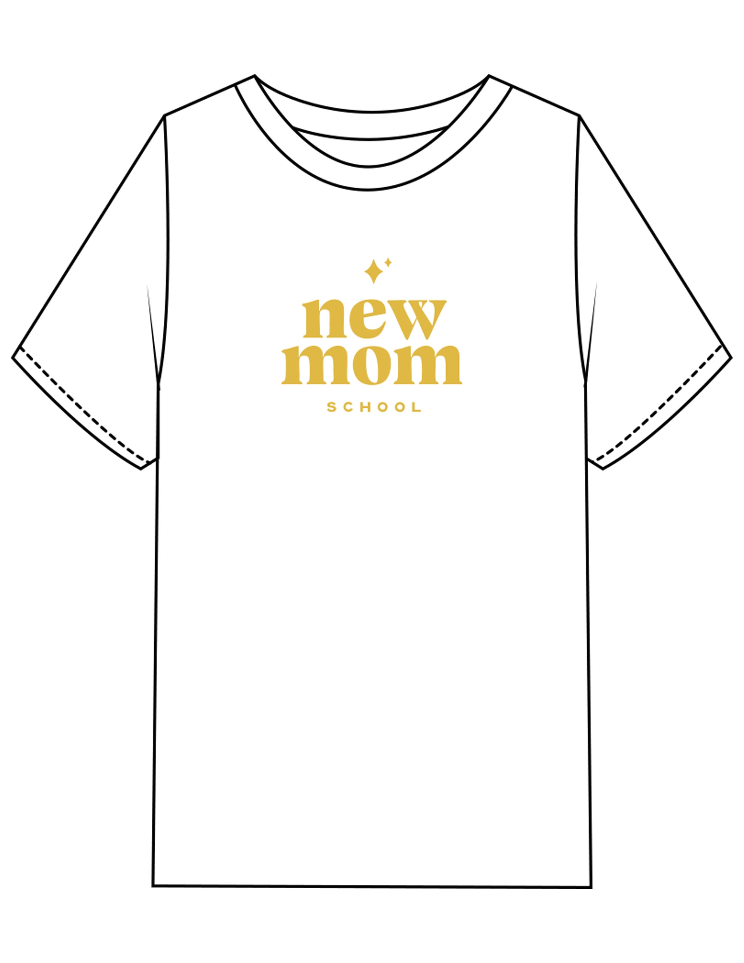 The Womens Heavyweight Tee - White - New Mom School - Center Chest Stacked - Printed - Gold