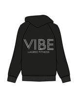 The Womens Hoodie - Black - Vibe Hot Yoga & Pilates- Left Chest Stacked  & Back Center Stacked - Printed - White