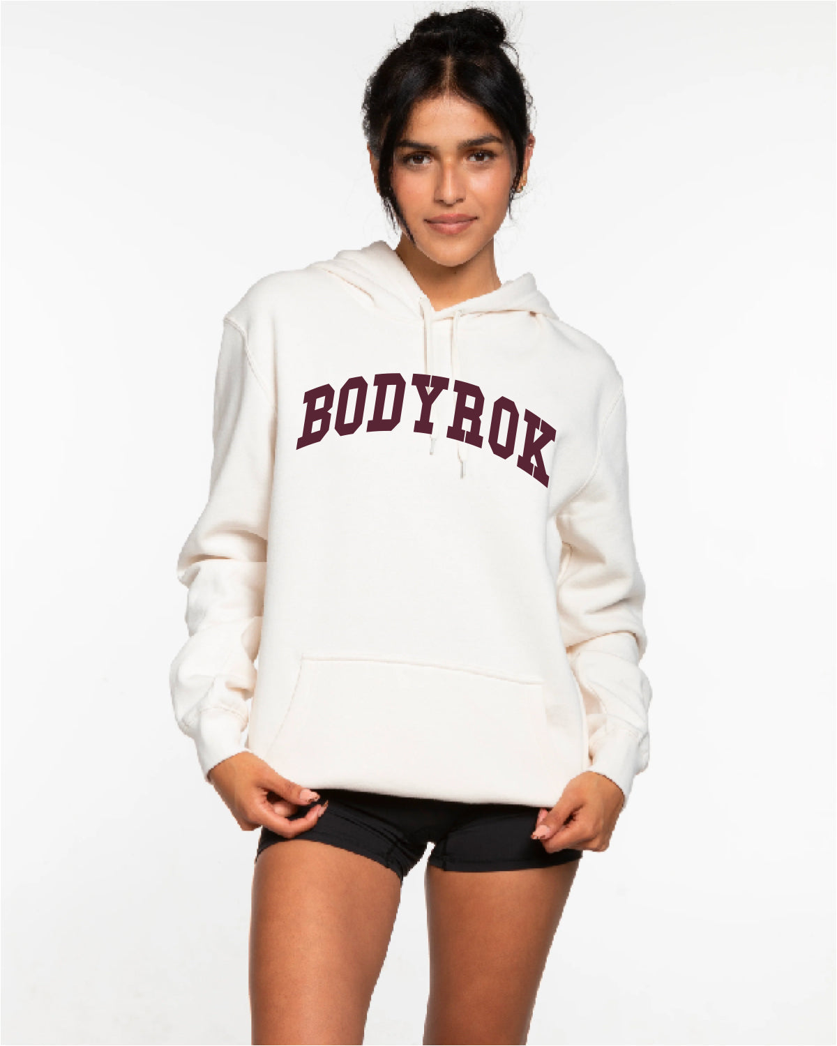 The Womens Classic Hoodie - Off White - BODYROK Employee - Center Chest - Bordeaux - (Windsor Wine - Pantone 19-1528 TCX)