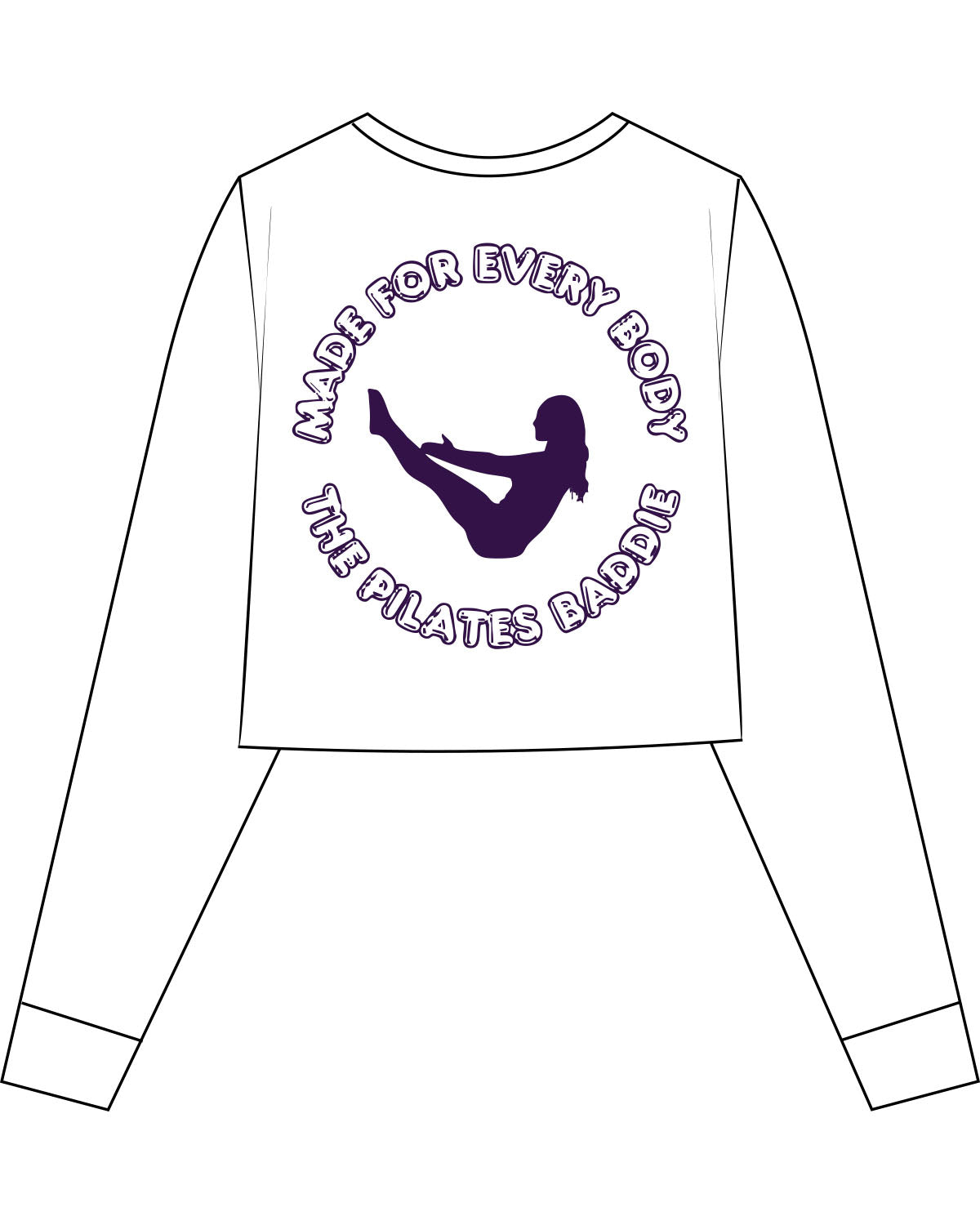 The Crop Long Sleeve - White - Pilates Baddie - Left Chest Arc & Back Round - Printed - Purple